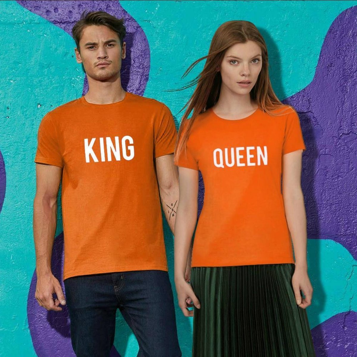 Oranje Koningsdag T-Shirt King Queen (HEREN - MAAT XL) | Oranje Kleding | Feestkleding